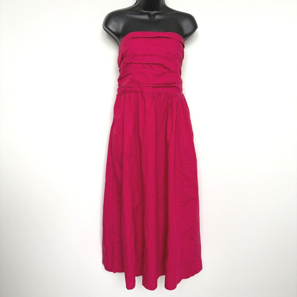 Abercrombie & Fitch Strapless Midi Dress Magenta Pink Smocked Back Pockets L